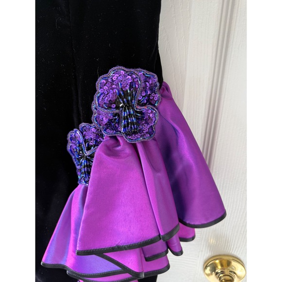 Vintage Cache Black Velvet Purple Satin Ruffle Party Dress 8 - Picture 5 of 9